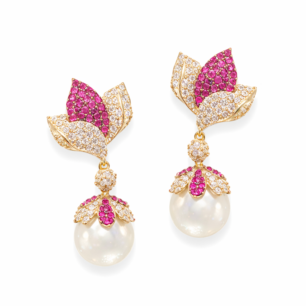 Rose Zircon Leaf Pearl Earrings