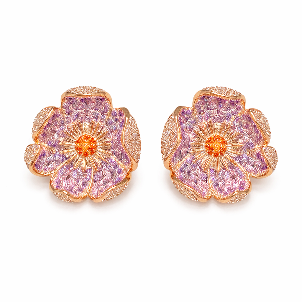 Exquisite Zircon Flower Drop Earrings – Purple/Pink