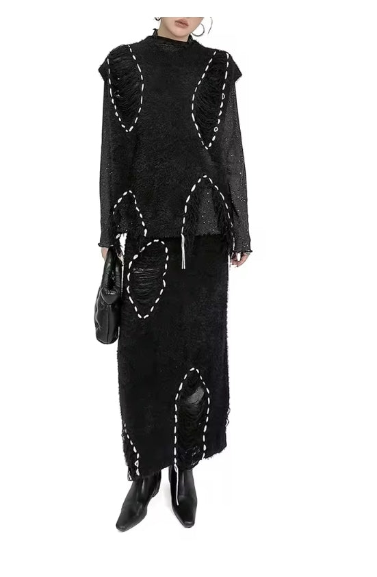 Black Topstitched Vest & A-Line Skirt Set