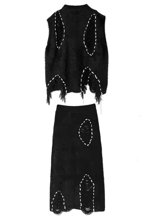 Black Topstitched Vest & A-Line Skirt Set