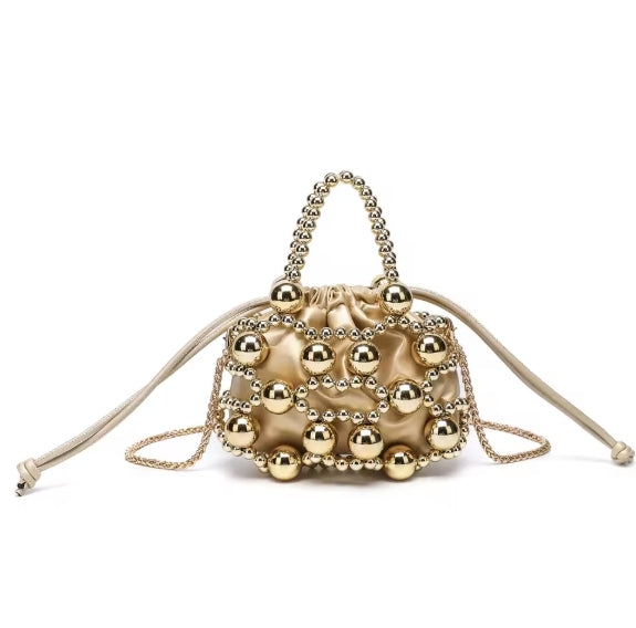 Woven Glitter Bucket Bag with Pearl Handle