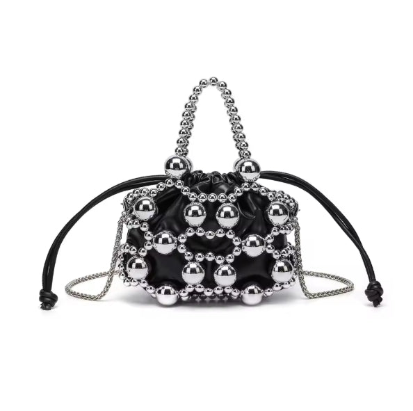 Woven Glitter Bucket Bag with Pearl Handle