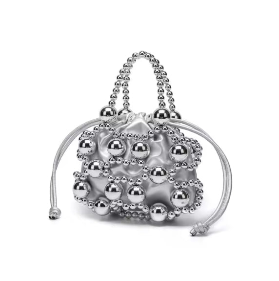 Woven Glitter Bucket Bag with Pearl Handle