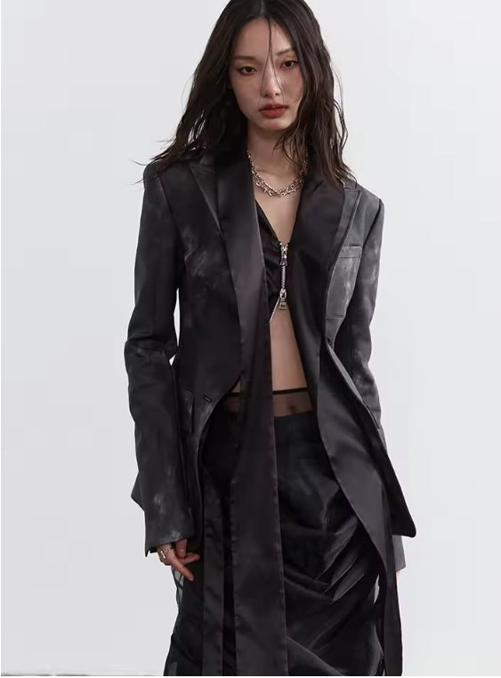 Dark Gray Leather Irregular Slit Blazer with Skirt