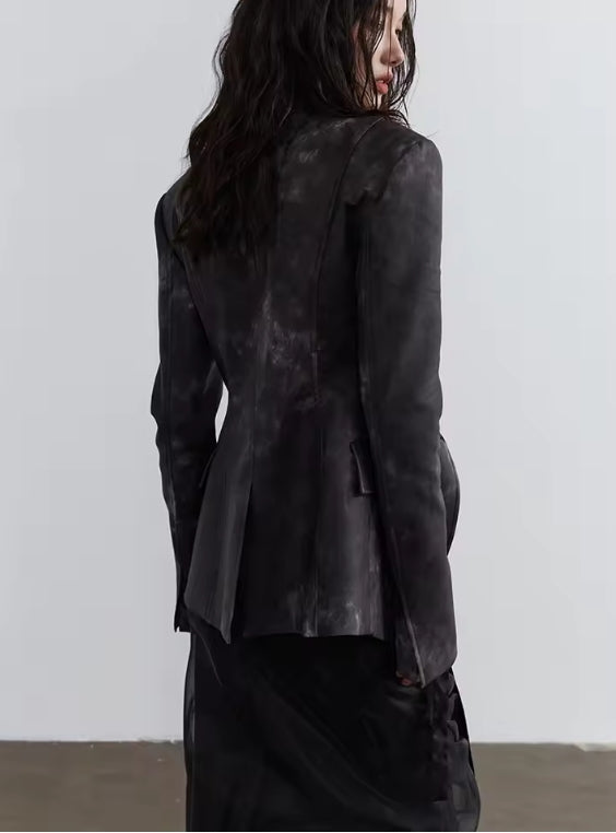 Dark Gray Leather Irregular Slit Blazer with Skirt