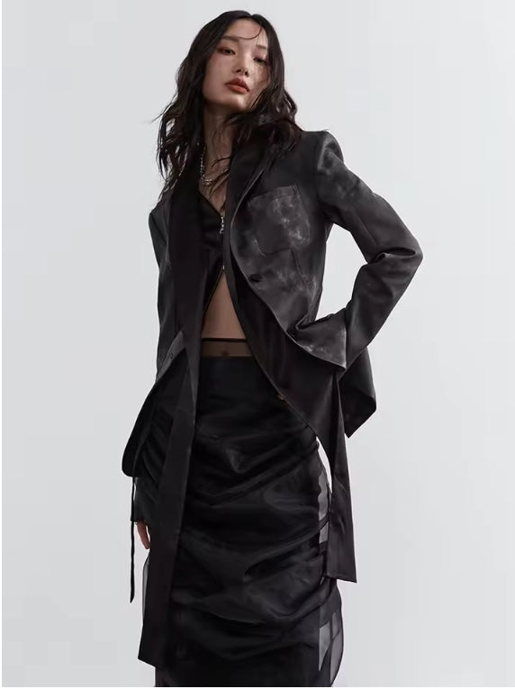 Dark Gray Leather Irregular Slit Blazer with Skirt
