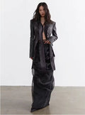 Dark Gray Leather Irregular Slit Blazer with Skirt