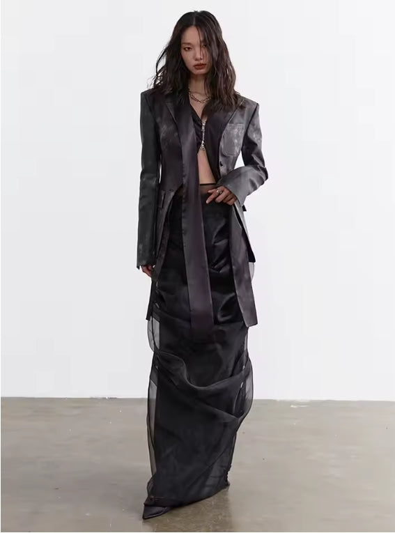 Dark Gray Leather Irregular Slit Blazer with Skirt