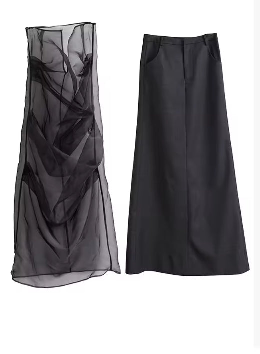 Dark Gray Leather Irregular Slit Blazer with Skirt